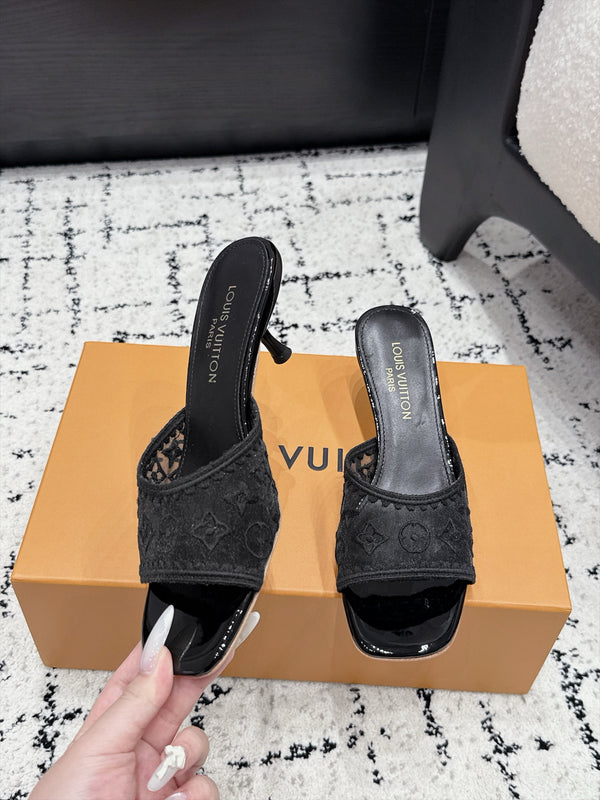 LV 6AM Mules Kitten Heel Black Monogram Mesh 979709