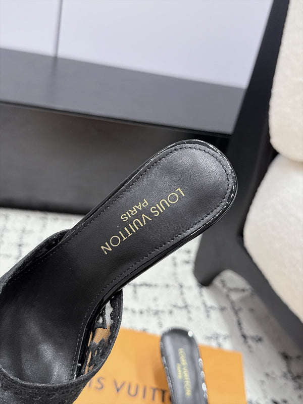 LV 6AM Mules Kitten Heel Black Monogram Mesh 979709
