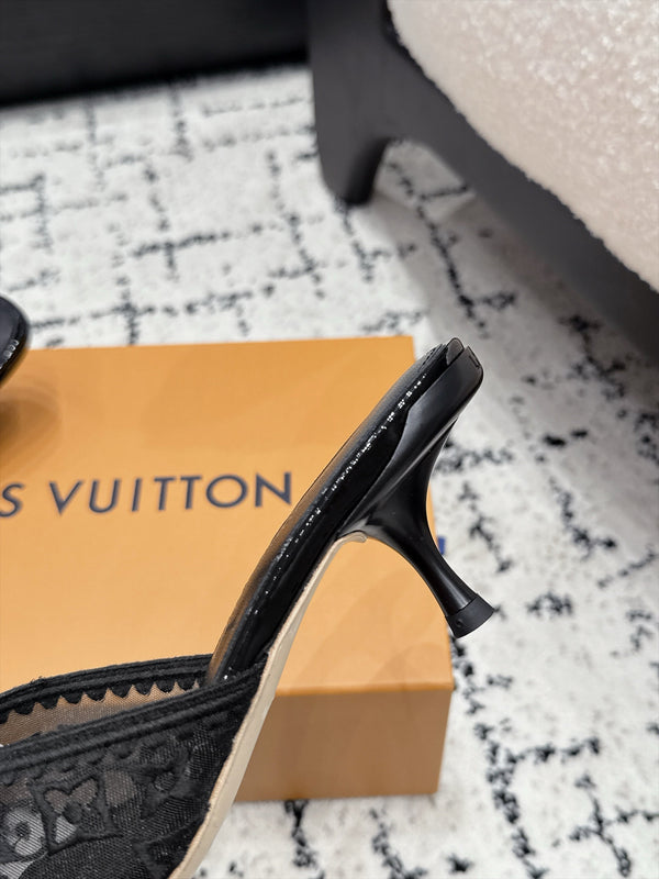 LV 6AM Mules Kitten Heel Black Monogram Mesh 979709