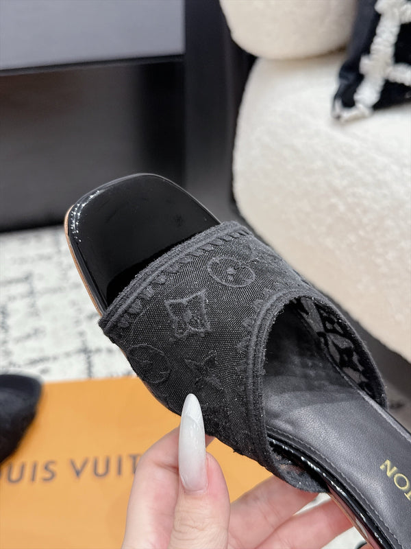 LV 6AM Mules Kitten Heel Black Monogram Mesh 979709