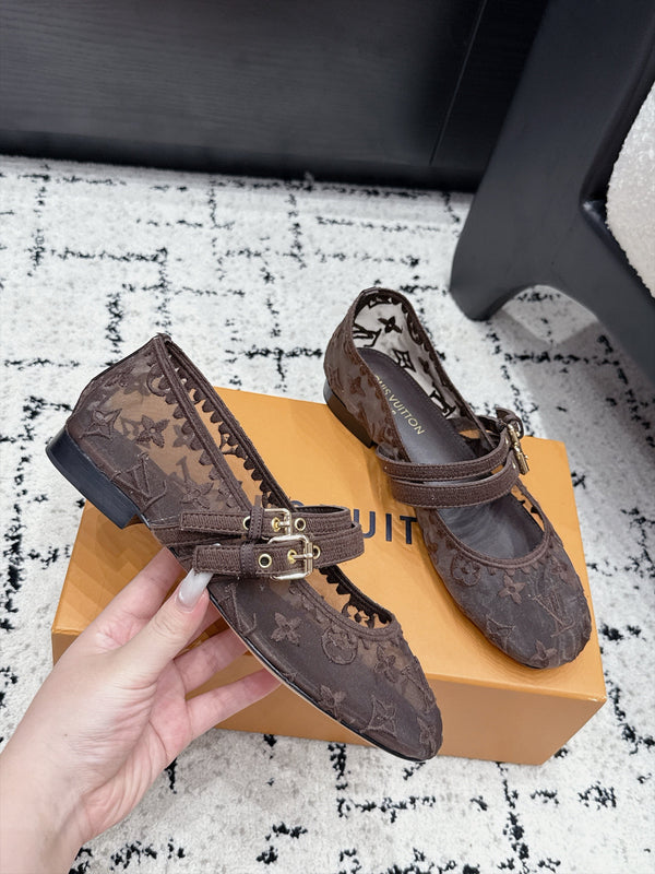LV Bella Mary Jane Ballerina Marron Monogram Mesh 979698