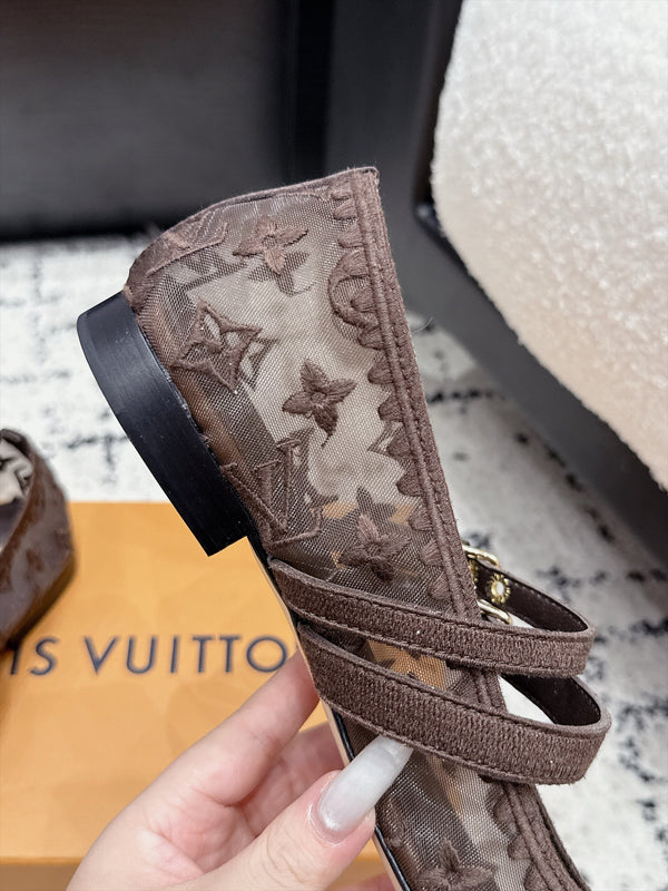 LV Bella Mary Jane Ballerina Marron Monogram Mesh 979698