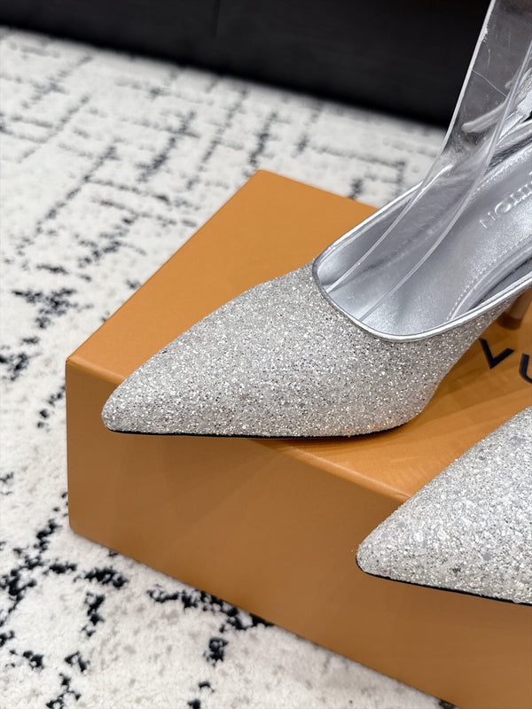 LV My Way Slingback Pumps 9CM Pointed Toe Silver Glitter 979694