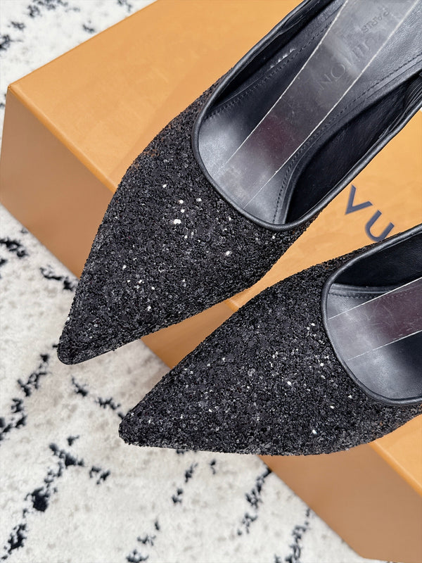 LV My Way Slingback Pumps 9CM Pointed Toe Black Glitter 979693