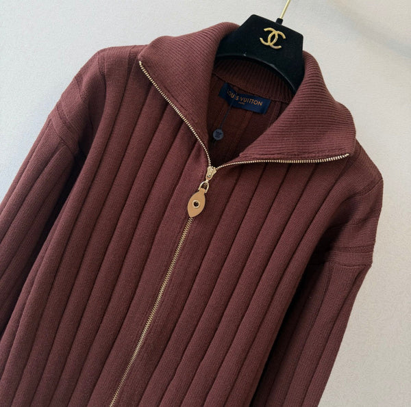 LV Ribbed Knit Zip-Up Cardigan Brown Wool 421078