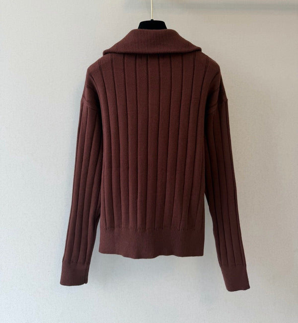 LV Ribbed Knit Zip-Up Cardigan Brown Wool 421078