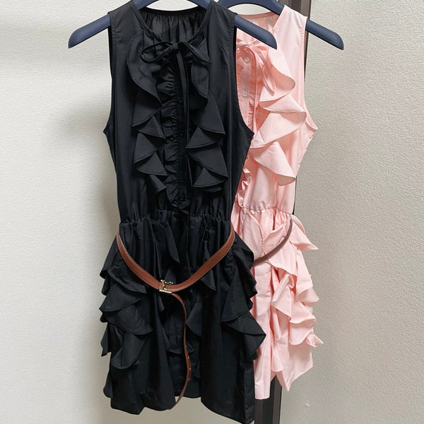 LV Sleeveless Ruffled Dress Leather Belt Polyester 413736