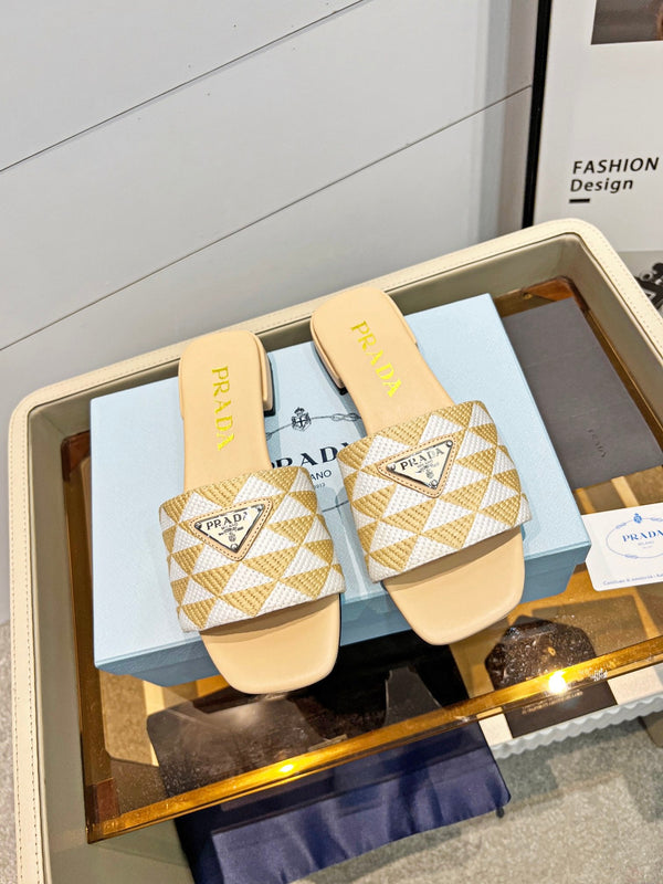 Prad 26s Enameled Metal Triangle Printed Slides White Beige Leather Cotton 986590