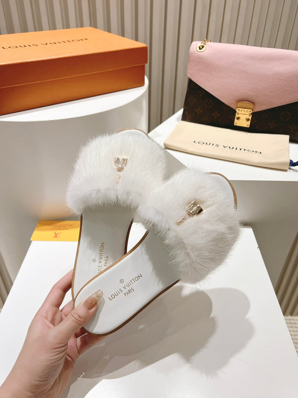 LV Slide Sandals White Faux Fur Gold Padlock Charm 997728