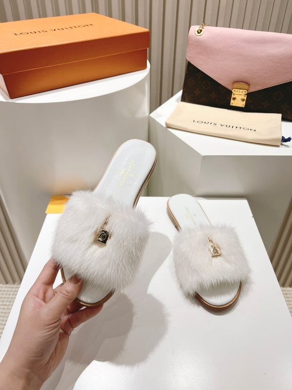 LV Slide Sandals White Faux Fur Gold Padlock Charm 997728