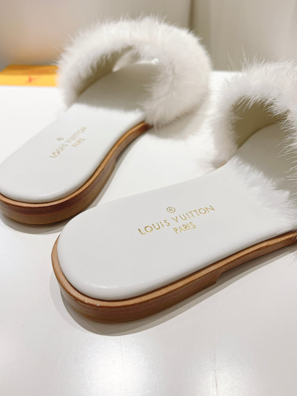 LV Slide Sandals White Faux Fur Gold Padlock Charm 997728