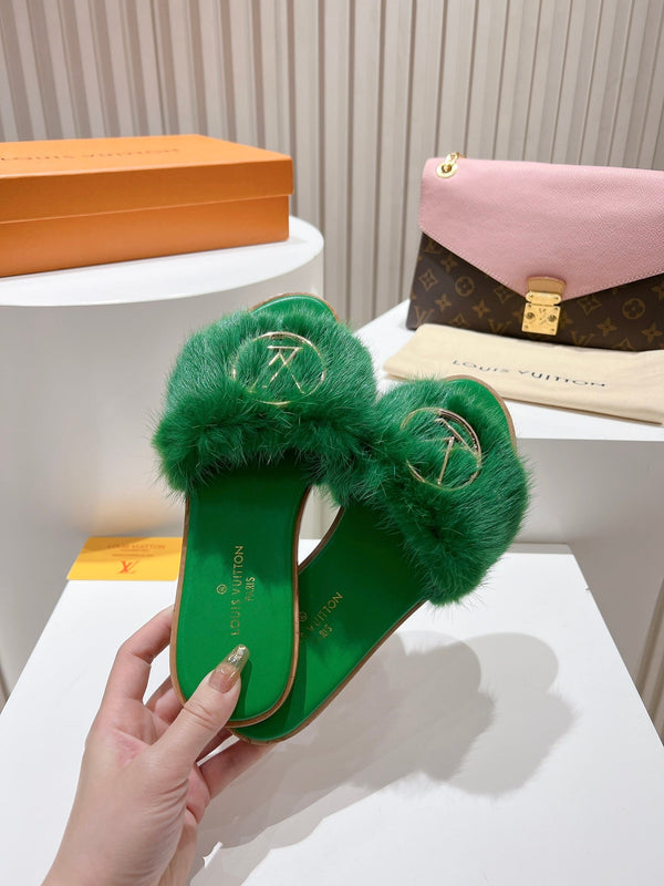 LV Flat Mule Sandals Green Fur Gold LV Medallion 997726