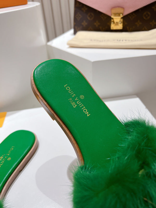 LV Flat Mule Sandals Green Fur Gold LV Medallion 997726