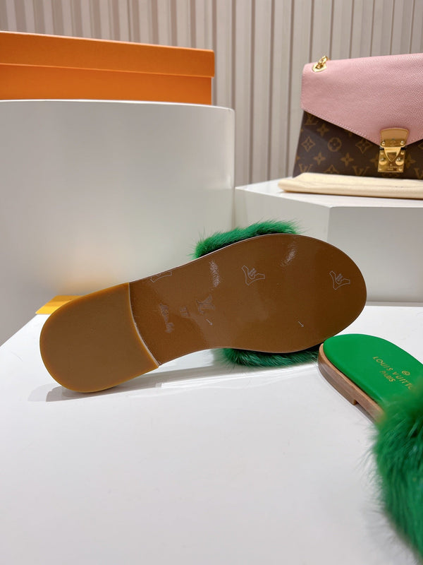 LV Flat Mule Sandals Green Fur Gold LV Medallion 997726