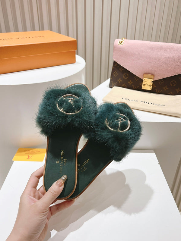 LV Flat Mule Sandals Dark Green Fur Gold LV Medallion 997727