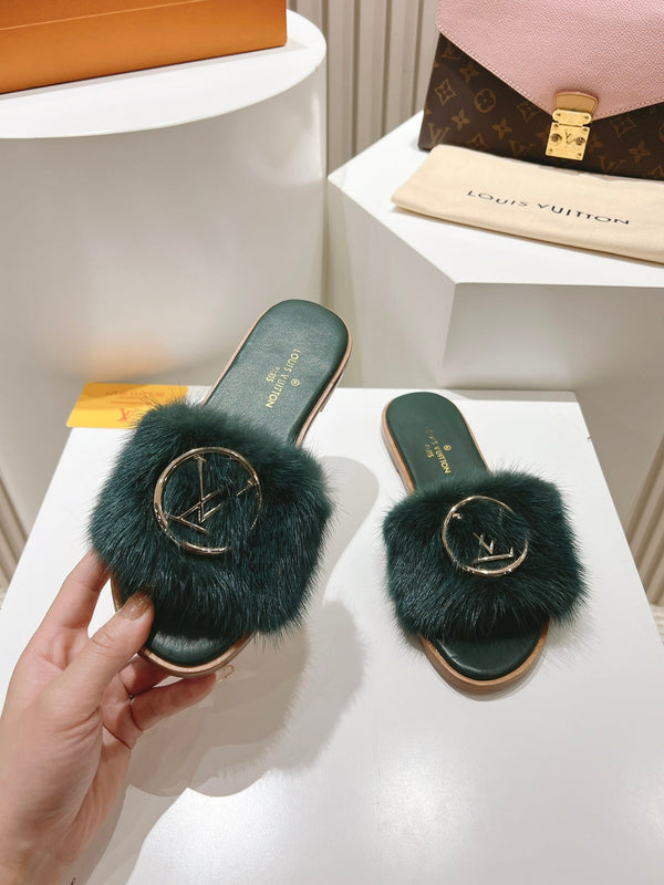 LV Flat Mule Sandals Dark Green Fur Gold LV Medallion 997727
