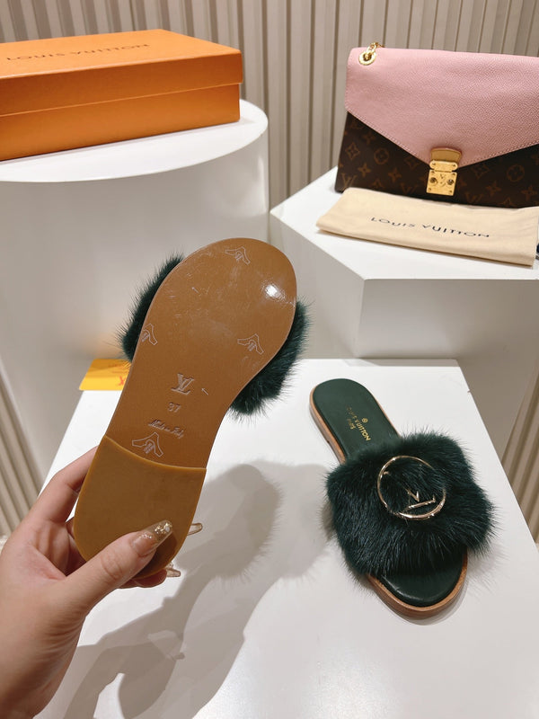 LV Flat Mule Sandals Dark Green Fur Gold LV Medallion 997727