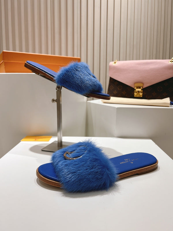 LV Flat Mule Sandals Blue Fur Gold LV Medallion 997725