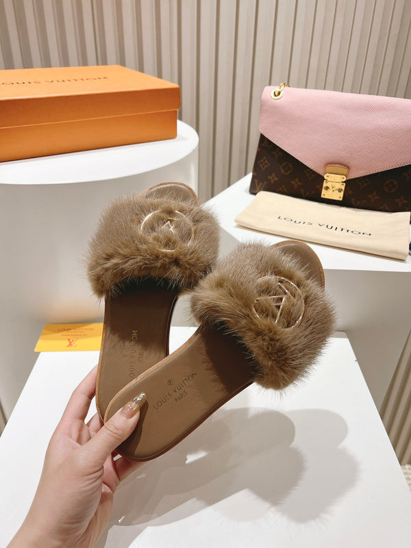 LV Flat Mule Sandals Brown Fur Gold LV Medallion 997724