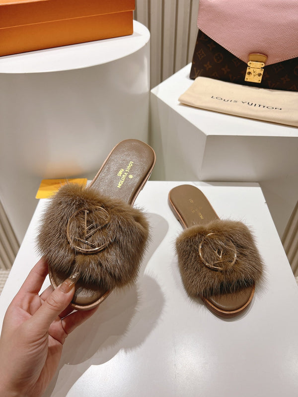 LV Flat Mule Sandals Brown Fur Gold LV Medallion 997724