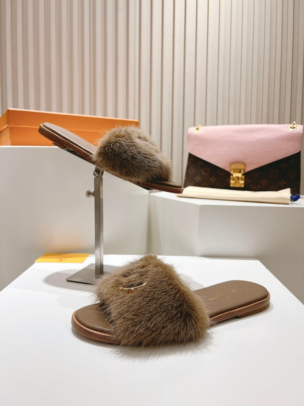 LV Flat Mule Sandals Brown Fur Gold LV Medallion 997724