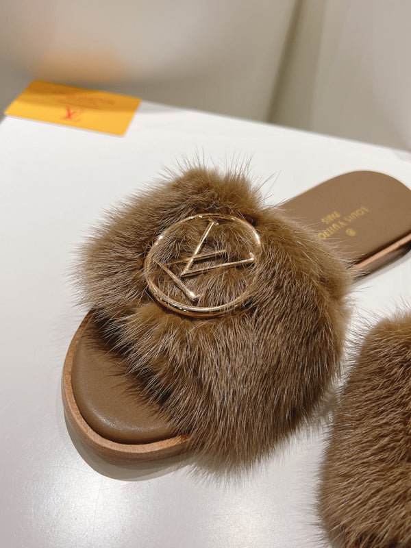 LV Flat Mule Sandals Brown Fur Gold LV Medallion 997724
