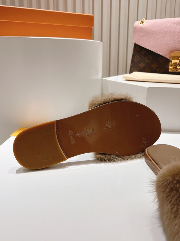 LV Flat Mule Sandals Brown Fur Gold LV Medallion 997724