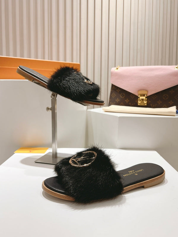 LV Flat Mule Sandals Black Fur Gold LV Medallion 997723