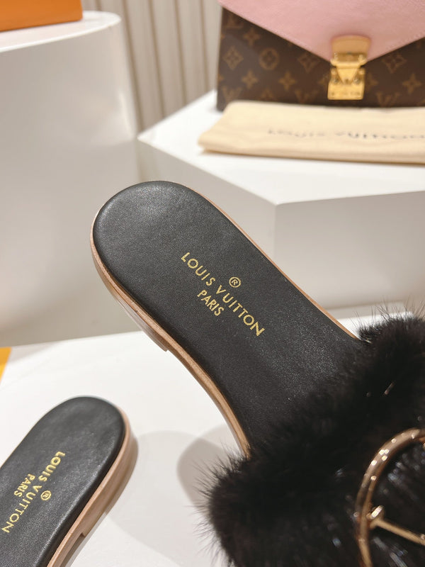 LV Flat Mule Sandals Black Fur Gold LV Medallion 997723