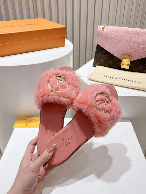 LV Flat Mule Sandals Pink Fur Gold LV Medallion 997722