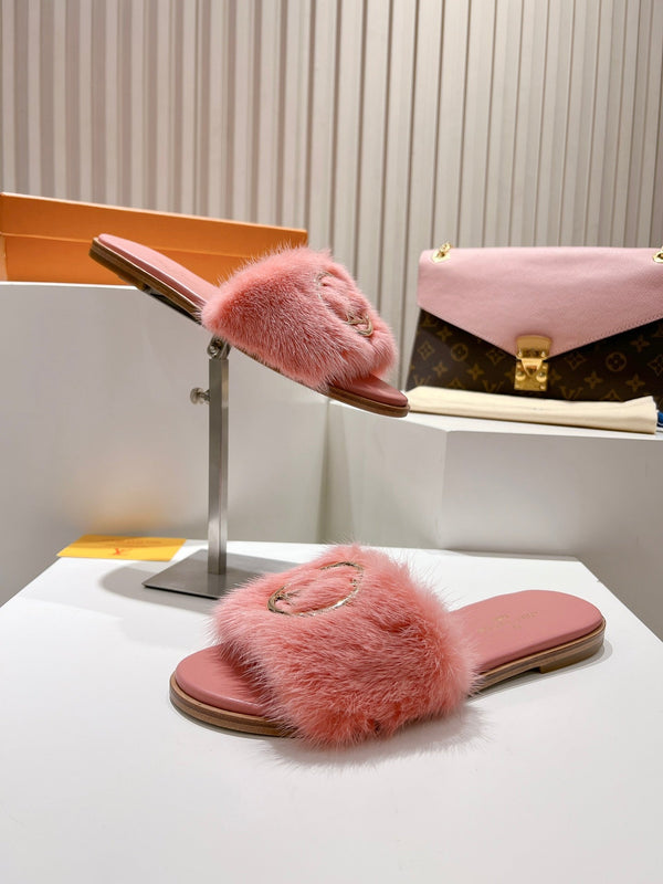 LV Flat Mule Sandals Pink Fur Gold LV Medallion 997722