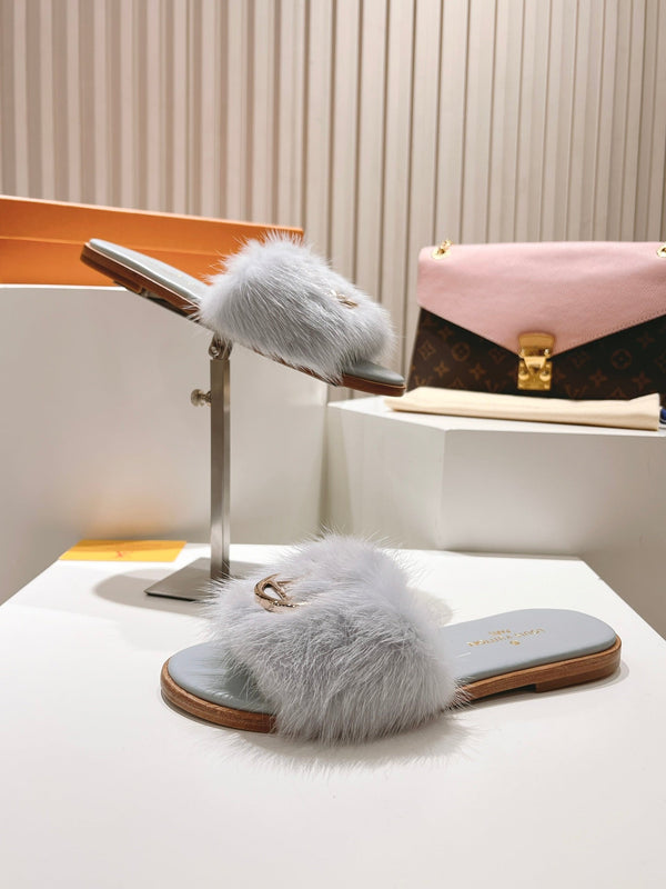 LV Flat Mule Sandals Grey Fur Gold LV Medallion 997721