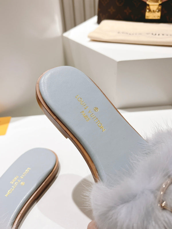LV Flat Mule Sandals Grey Fur Gold LV Medallion 997721