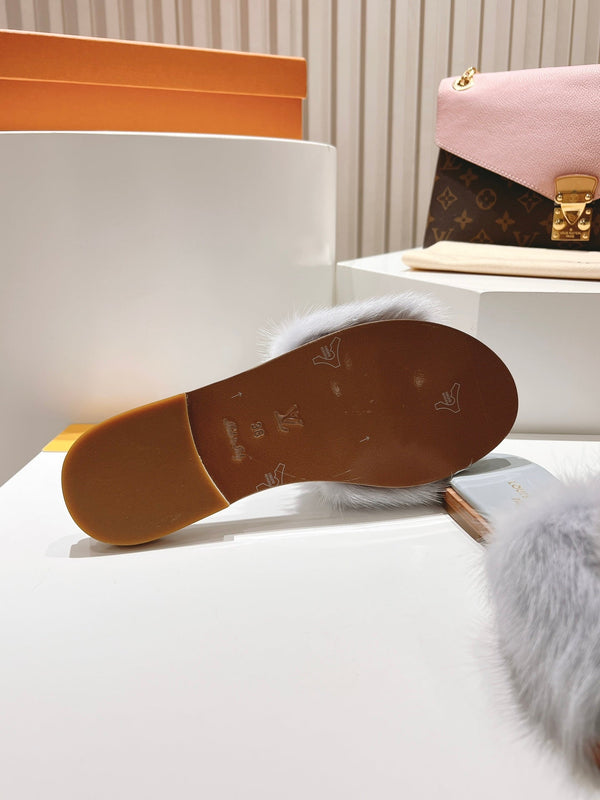 LV Flat Mule Sandals Grey Fur Gold LV Medallion 997721