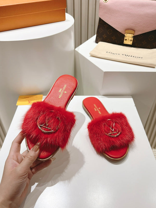 LV Flat Mule Sandals Red Fur Gold LV Medallion 997720