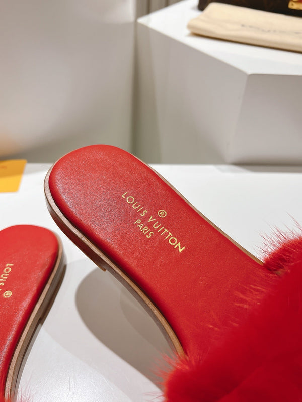 LV Flat Mule Sandals Red Fur Gold LV Medallion 997720