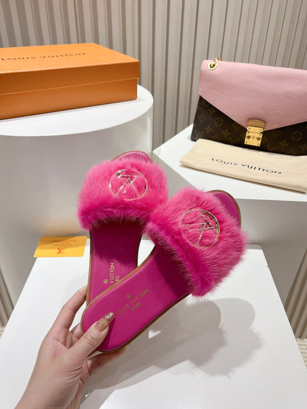 LV Flat Mule Sandals Dark Pink Fur Gold LV Medallion 997719
