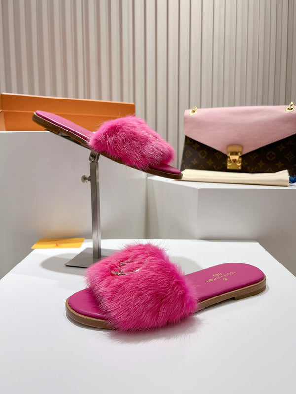 LV Flat Mule Sandals Dark Pink Fur Gold LV Medallion 997719