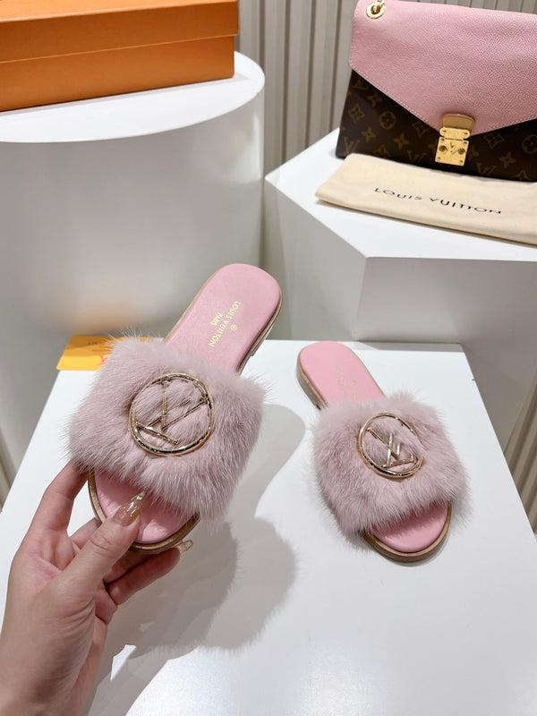 LV Flat Mule Sandals Light Pink Fur Gold LV Medallion 997717