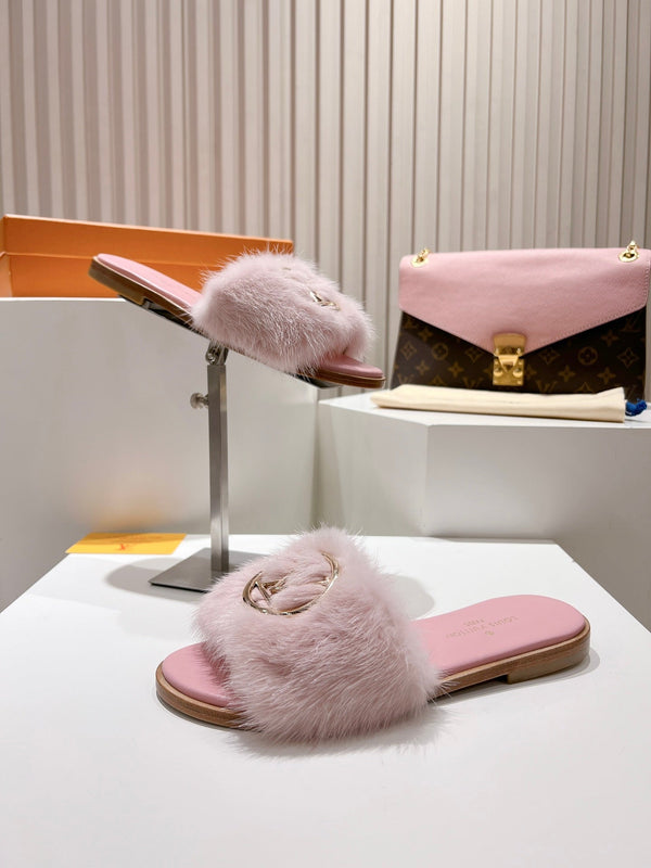 LV Flat Mule Sandals Light Pink Fur Gold LV Medallion 997717