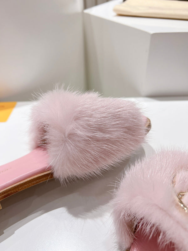 LV Flat Mule Sandals Light Pink Fur Gold LV Medallion 997717