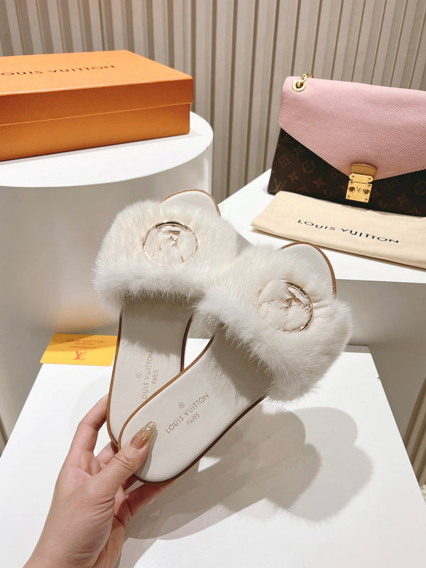 LV Flat Mule Sandals White Fur Gold LV Medallion 997715