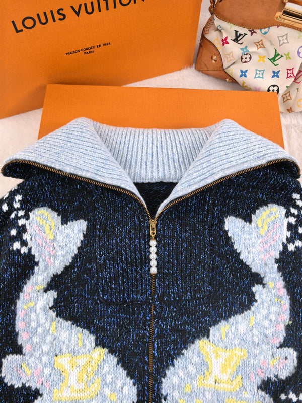 LV Zippered Knitted Blouson Navy Multicolor Wool 423033