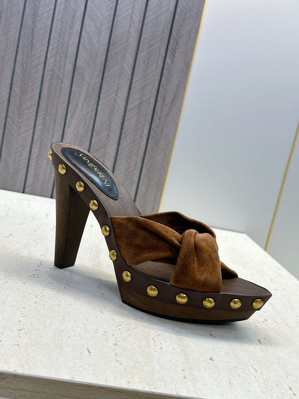 YSL 26S Platform Mules 9cm Knotted Strap Gold Studs Brown Suede 118792