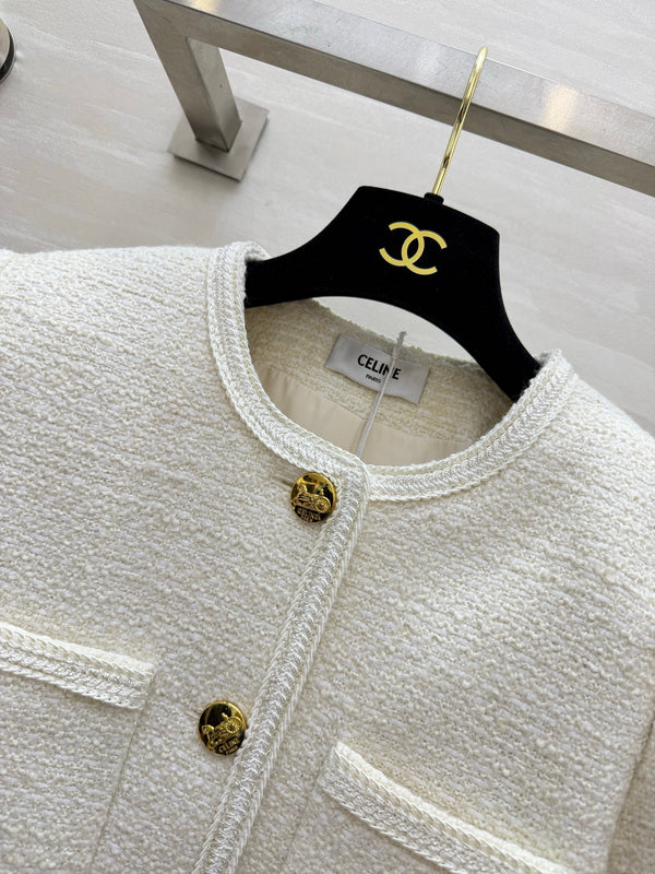 CE Short Bouclé Tweed Jackets Gold Buttons Dual Patch Pockets 430352