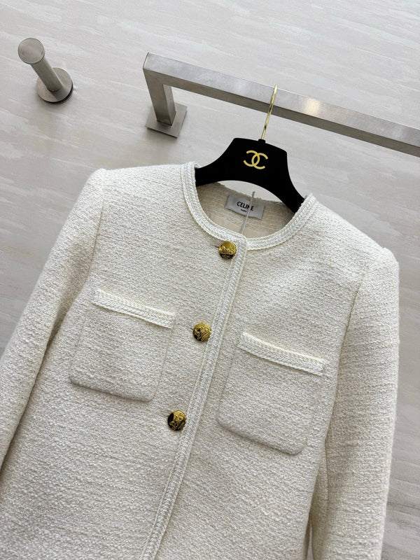 CE Short Bouclé Tweed Jackets Gold Buttons Dual Patch Pockets 430352