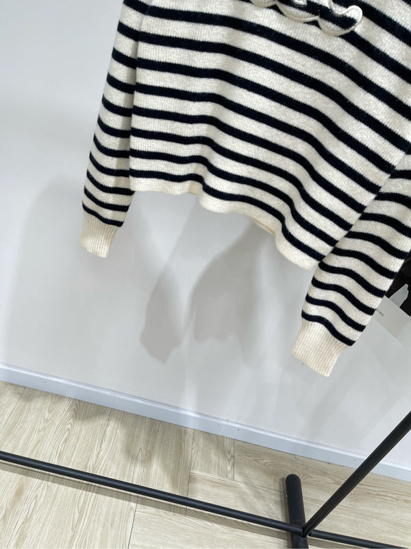 CE 26S Striped Crewneck Sweater Triomphe Logo Ecru Black Wool 430373