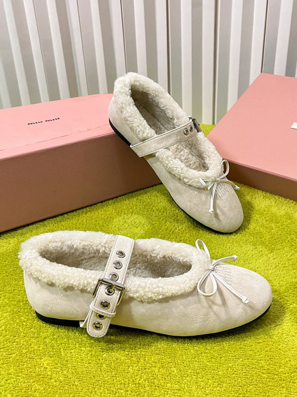 Miu Shearling Trim Mary Jane Flats Bow Detail Cream Suede 137207