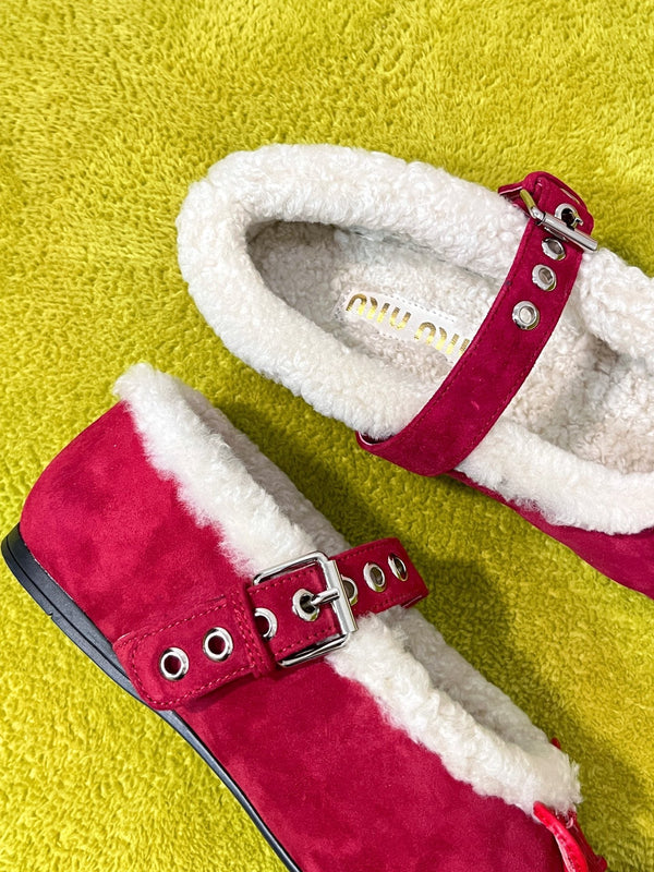 Miu Shearling Trim Mary Jane Flats Bow Detail Red Suede 137205