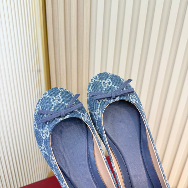 GG 26S Horsebit Ballet Flats Bow Detail Blue GG Canvas 141311